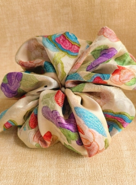 原创设计真丝香云纱大肠发圈方巾发带高级感扎马尾发绳新款头绳