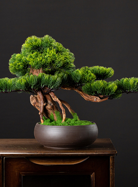 仿真植物迎客松盆景罗汉松假树新中式摆件客厅玄关绿植盆栽装饰品