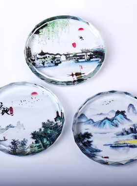 创意水晶彩印摆件装饰品家居新中式中国风工艺品书法镇纸生日礼物