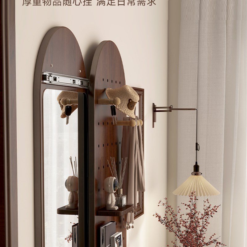 Hole board solid wood entryway storage rack hidden sliding full-length mirror dressing mirror wall-mounted entranceway fitting mirror