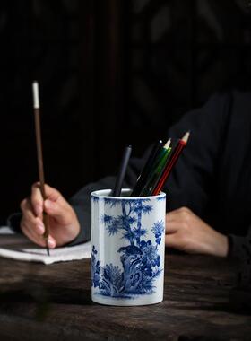 钟家窑景德镇陶瓷笔筒收纳手绘青花柴窑瓷器客厅桌面办公室摆件