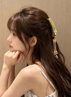民族风绿色丝绒长款铃铛发夹女