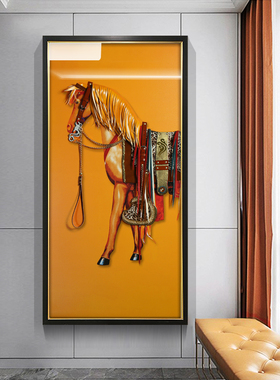 轻奢入户玄关橙色马图装饰画走廊过道纯手工拉线实物画竖版墙壁画