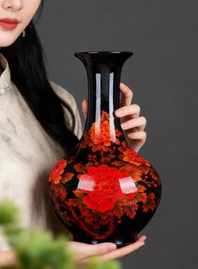 景德镇陶瓷器花瓶摆件黑色插花中式家居客厅装饰品工艺品瓷瓶摆设