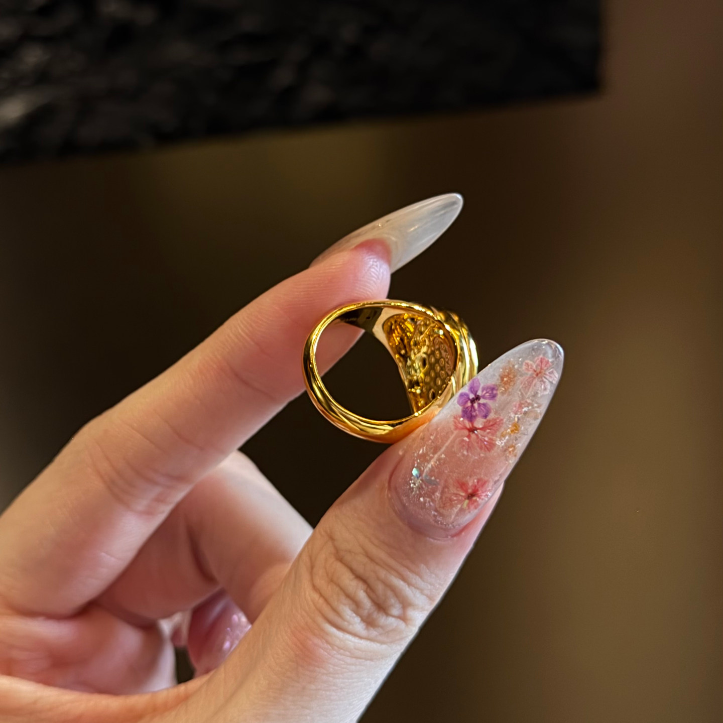 Queyunlai gold ring women's round full diamond smiley face seal ring 999 pure gold personalized fashion ins style