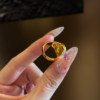 Queyunlai gold ring women's round full diamond smiley face seal ring 999 pure gold personalized fashion ins style