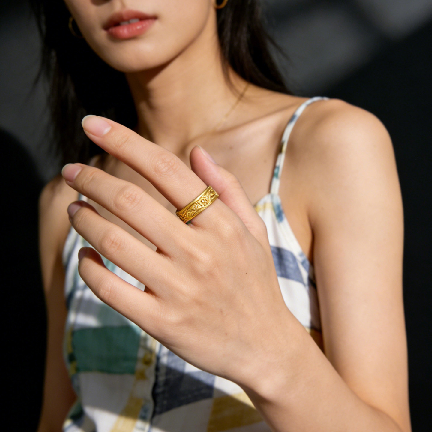 Queyunlai Ancient Gold Ring Closed Chilong Pure Gold 999 Ring Retro Style Men's Customized Style