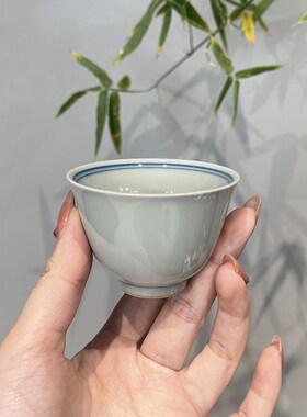 惊蛰手绘双线小茶杯仿古青瓷釉下彩品杯小号文人茶杯杯垫组打线杯