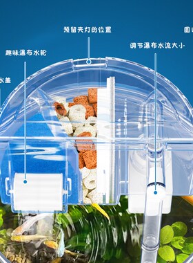 小型圆形过滤器鱼缸圆形鱼缸氧气泵过滤循环水泵滤材静音带灯一体
