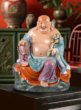 景德镇陶瓷手工雕刻绘画五子登科佛笑口弥勒佛多子佛客厅供奉摆件