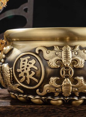 纯铜聚宝盆客厅玄关工艺品黄铜米缸狮头聚宝盆铜缸招财摆件存钱罐
