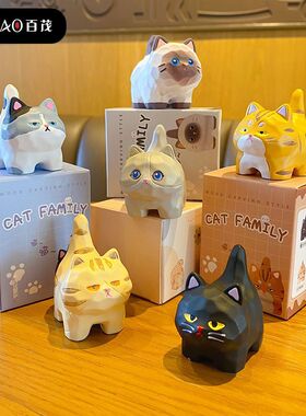 原创木雕风喵喵橘猫树脂摆件