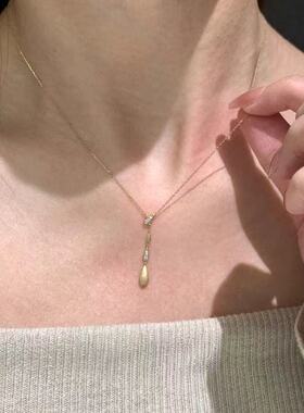 极简主义~y字拉丝k金悬浮水滴闪钻极细款锁骨链女轻奢高级感配饰