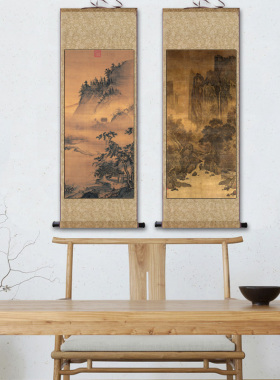 宋代名家字画赵佶挂画丝绸画春游晚归图观音画像山水画装饰画布画