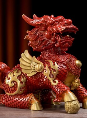 全铜火麒麟d摆件公母一对红色公母纯铜黄铜家居办公室客厅玄关装