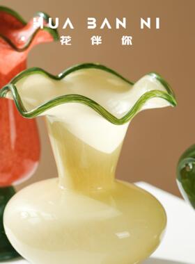 中古高脚侘寂花边风灯风色顿玻璃花瓶家居花玻璃拼色芬绿风灯瓶插