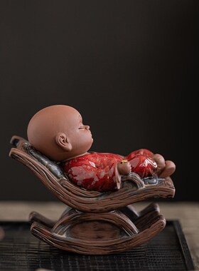 中式禅意趣味紫砂小和尚摇v摇椅茶宠摆件家居复古风茶室装饰品摆