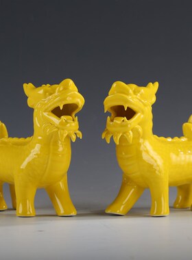 陶瓷麒麟摆件黄色描金瓷麒麟一对陶L瓷家居饰品摆件工艺品