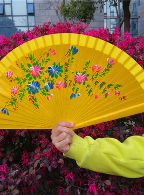 西班牙折扇双面大红手绘木质烤漆扇子旗袍走秀 咏春爵士舞7寸女扇