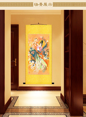 麒麟送子图 仙女童子人物神像画绢布卷轴挂画 卧室复古装饰画定制