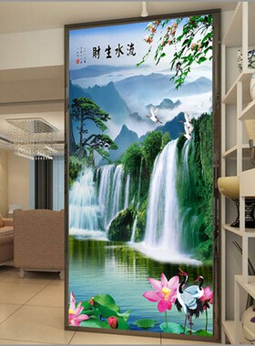 山水风景画玄关屏风竖款新中式客厅酒店装饰中餐厅可定制自粘壁画