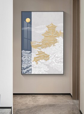 网红新中式玄关壁画装饰竖版入户过道背景墙挂画走廊正对门国画中
