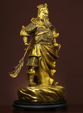 纯黄铜关公摆件客厅立刀关公像横刀武财神像家用供奉神像佛像大号