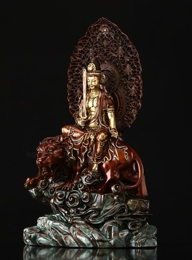 纯铜切金文殊普贤佛像释迦牟尼佛像文殊菩萨坐骑供奉华严三圣摆件