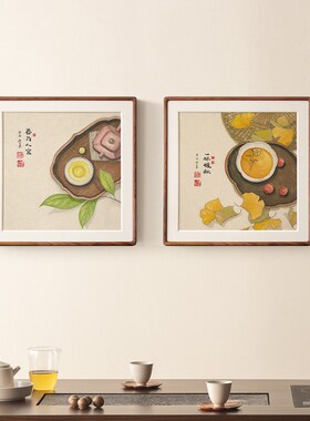 祝嘉望山小书房茶室三联装饰画实木高级感新中式餐厅卧室方形挂画