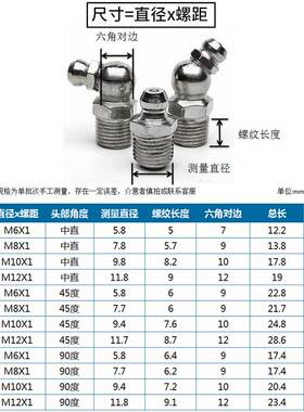 国标黄油嘴镀镍45度90度黄油枪注油嘴加油嘴m6m8m10m12m14g1/8