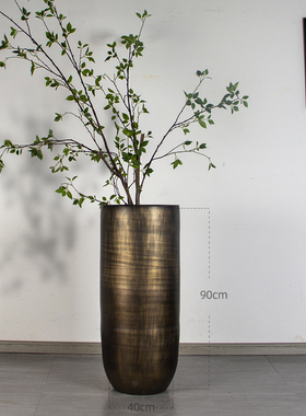 新中式陶瓷复古铜彷金属花瓶摆件落地花盆L高脚大型绿植种树缸盆