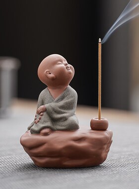 线香炉紫砂茶宠小和尚摆件创意茶道茶桌可爱小R沙弥香道香薰香插