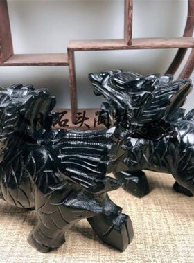 天然黑墨玉麒麟手工动物桌面摆件居家客厅办公室电视柜玄关工艺品