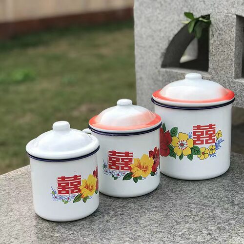 老式怀旧铁茶缸子带盖大号复古搪瓷杯中式创意经典带花水杯子 - 图0