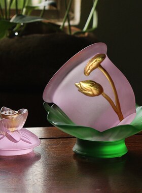 禅悦佛艺琉璃浮雕描金荷叶莲花圣水杯贴金供水杯摆件供杯供奉用品