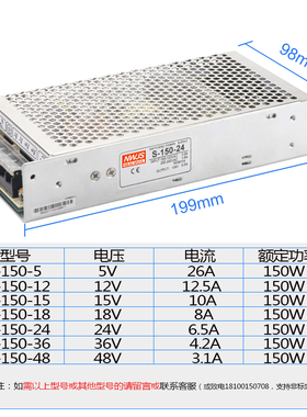 LED开关电源LRS/MS/S-150-24V6.5A5V30A12v12.5A大功率工控电源