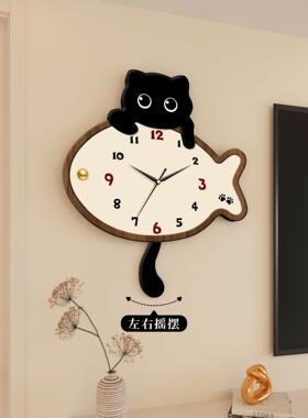 卡通猫咪钟家用121新款餐厅装饰画客厅钟表网红创意时钟挂挂墙免
