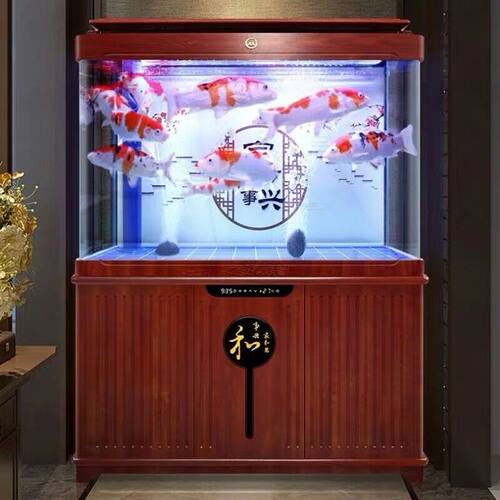闽江大型底过滤鱼缸客厅家用新中式复古热弯弧形玻璃落地龙鱼缸 - 图2
