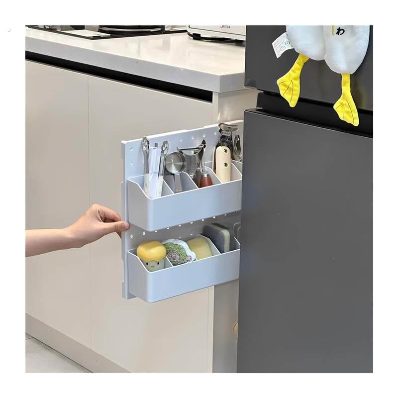 Kitchen perforated board storage rack refrigerator gap storage cabinet door rear slide rail pull-out rack wall-mounted organizing artifact