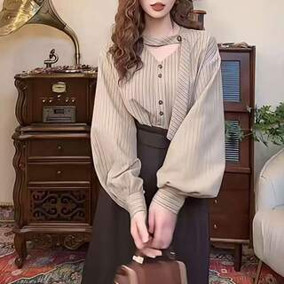 Hong kong style retro striped shirt for women 2026 new hot style autumn ribbon shirt light luxury high-end top