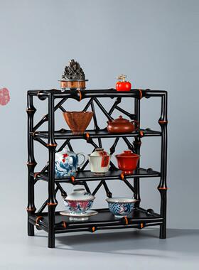 筇竹杯架博古架大漆桌面茶杯架冰裂纹三层茶棚茶具收纳架展示架子