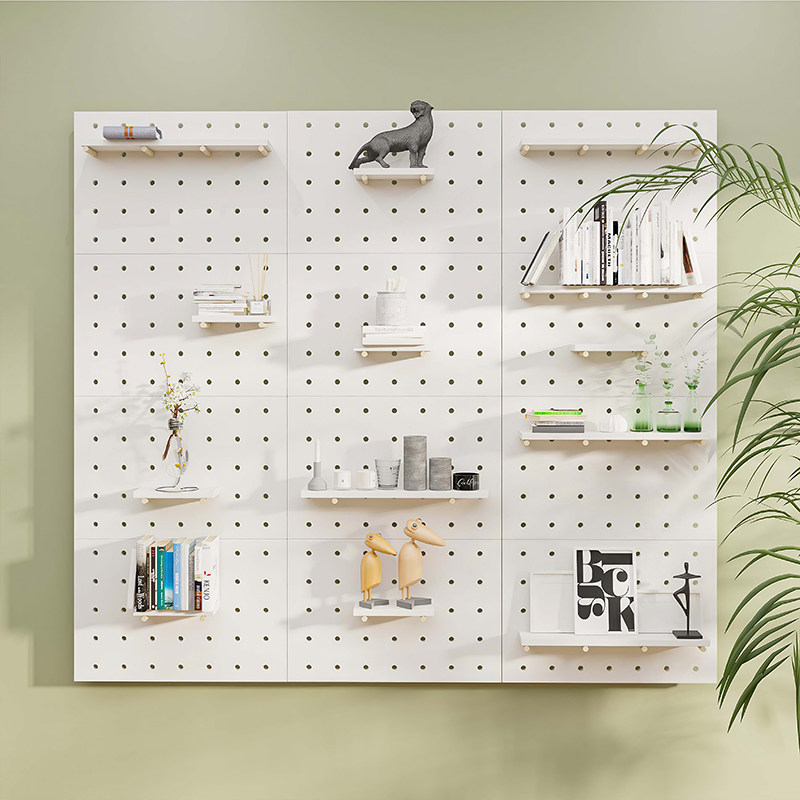 Solid wood wall hole board storage rack storage background wall hanging board wooden bookshelf decorative display rack customization
