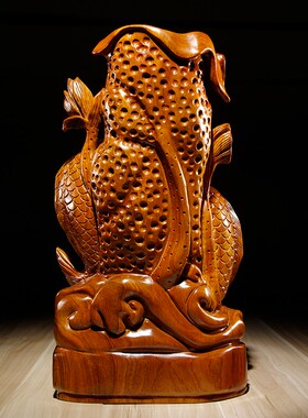 木雕年年有余摆件动物雕刻家居客厅电视柜酒柜装饰工艺品乔迁送礼