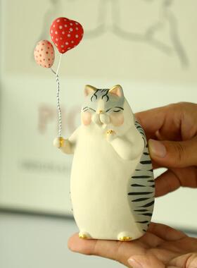 日式手作治愈可爱呆萌气球猫咪周边居家客厅桌面陶瓷装饰品小摆件