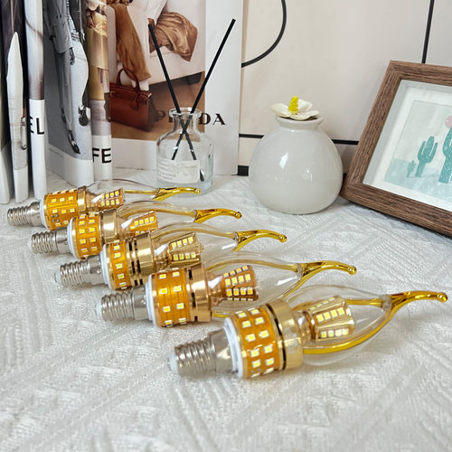 LED灯泡e14螺口灯头超亮节能灯金边拉尾上下发光蜡烛水晶吊灯专用 - 图0