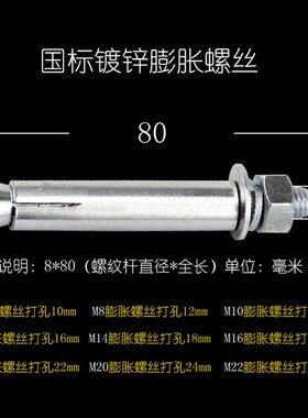 国标膨胀螺丝大全镀锌加长外膨胀螺栓拉爆铁膨胀管M6M8M10M12M18
