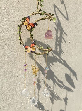 麻绳叶子花e蝴蝶月亮窗户庭院风铃挂饰天然水晶园林挂件水晶球装