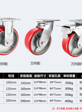 4寸5寸6寸8寸重型铁芯pu轮耐磨易推加厚支架手推车脚轮万向脚轮