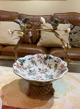 美饰家居陶瓷配铜小鸟提篮果盘 客厅茶几美式家居高端工艺品摆件