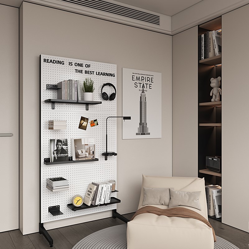 Iron hole board bookshelf vertical floor display rack hole E board floor standing wall rack screen partition rack